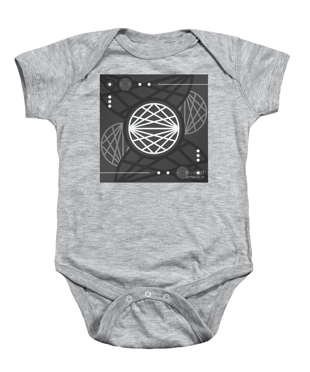 Abstract Baby Onesie featuring the mixed media Dark Steely Geometric Glyph Art in Black Gray and White n.0350 by Holy Rock Design