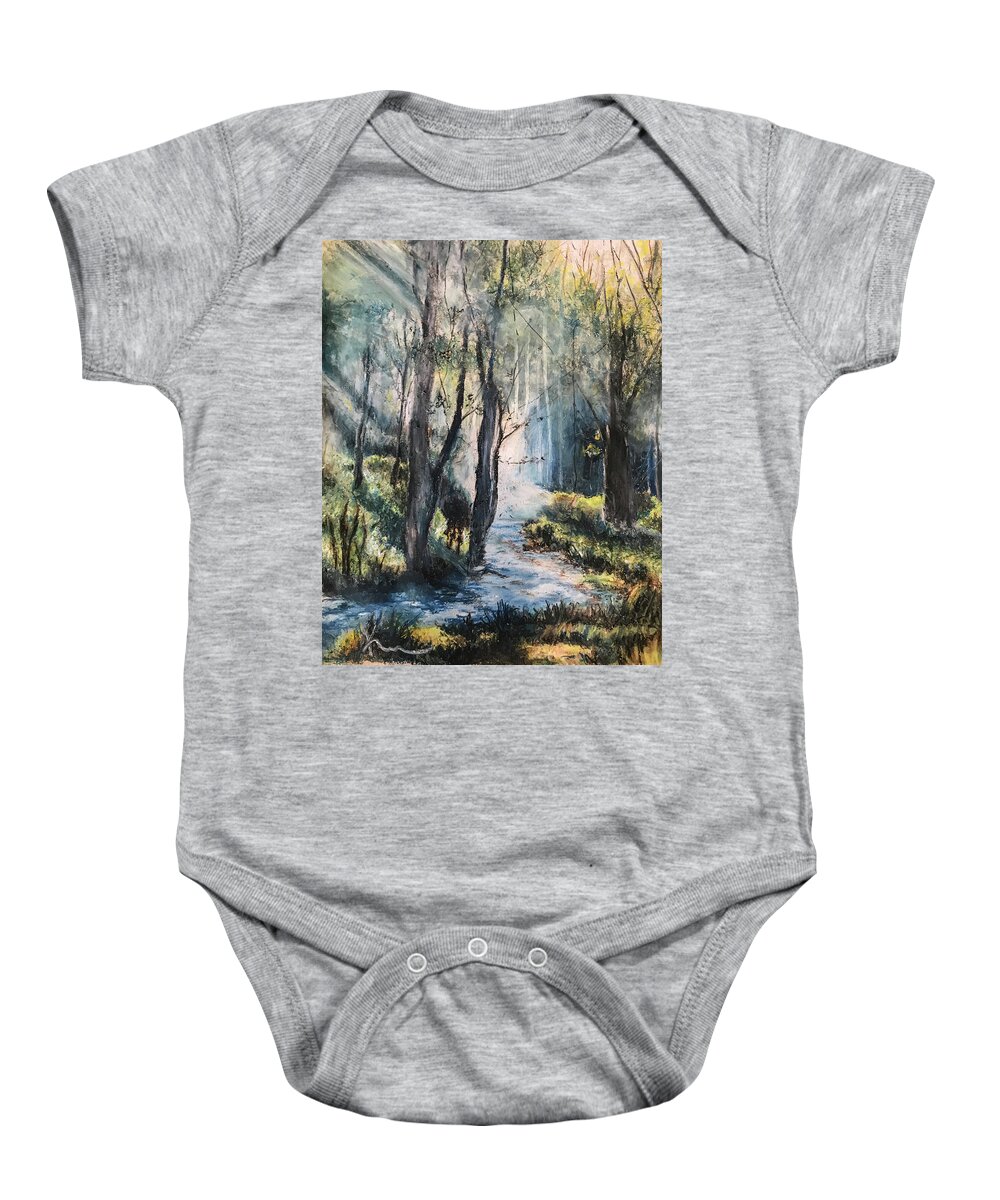 Oil Pastel Baby Onesie featuring the pastel Forest Glow by Katrina Nixon