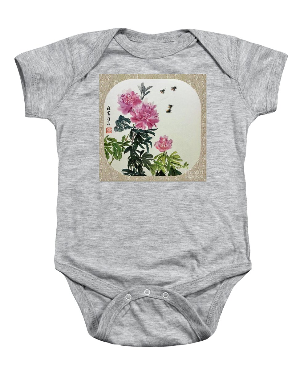 Peony Flowers Baby Onesie featuring the painting Depend On Each Other - 5 by Carmen Lam