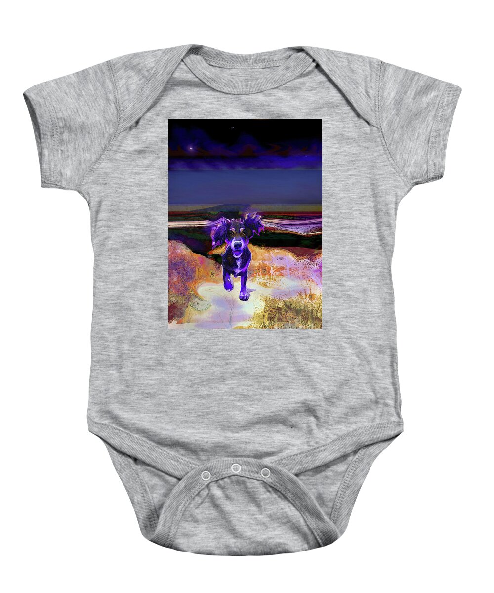 Dog Baby Onesie featuring the mixed media Dog Magic Coming Home by Zsanan Studio