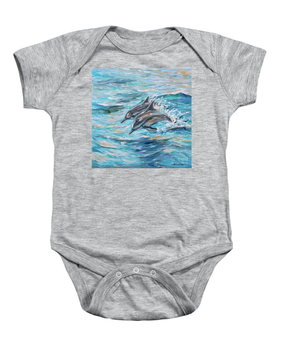 Ocean Baby Onesie featuring the painting Dolphins Jumping by Linda Olsen