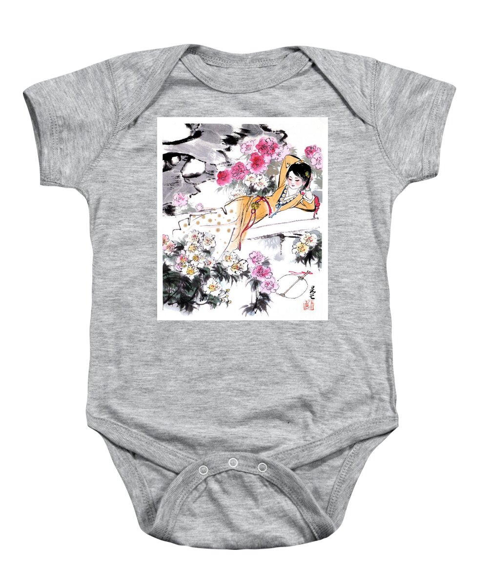 Liu Danzhai Baby Onesie featuring the painting Dream of the Red Chamber - Woman Laying In Garden by Liu Danzhai