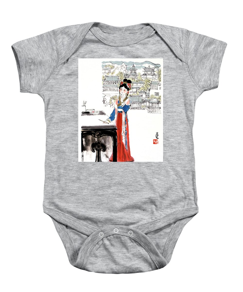 Liu Danzhai Baby Onesie featuring the painting Dream of the Red Chamber - Woman Standing At Writing Table by Liu Danzhai