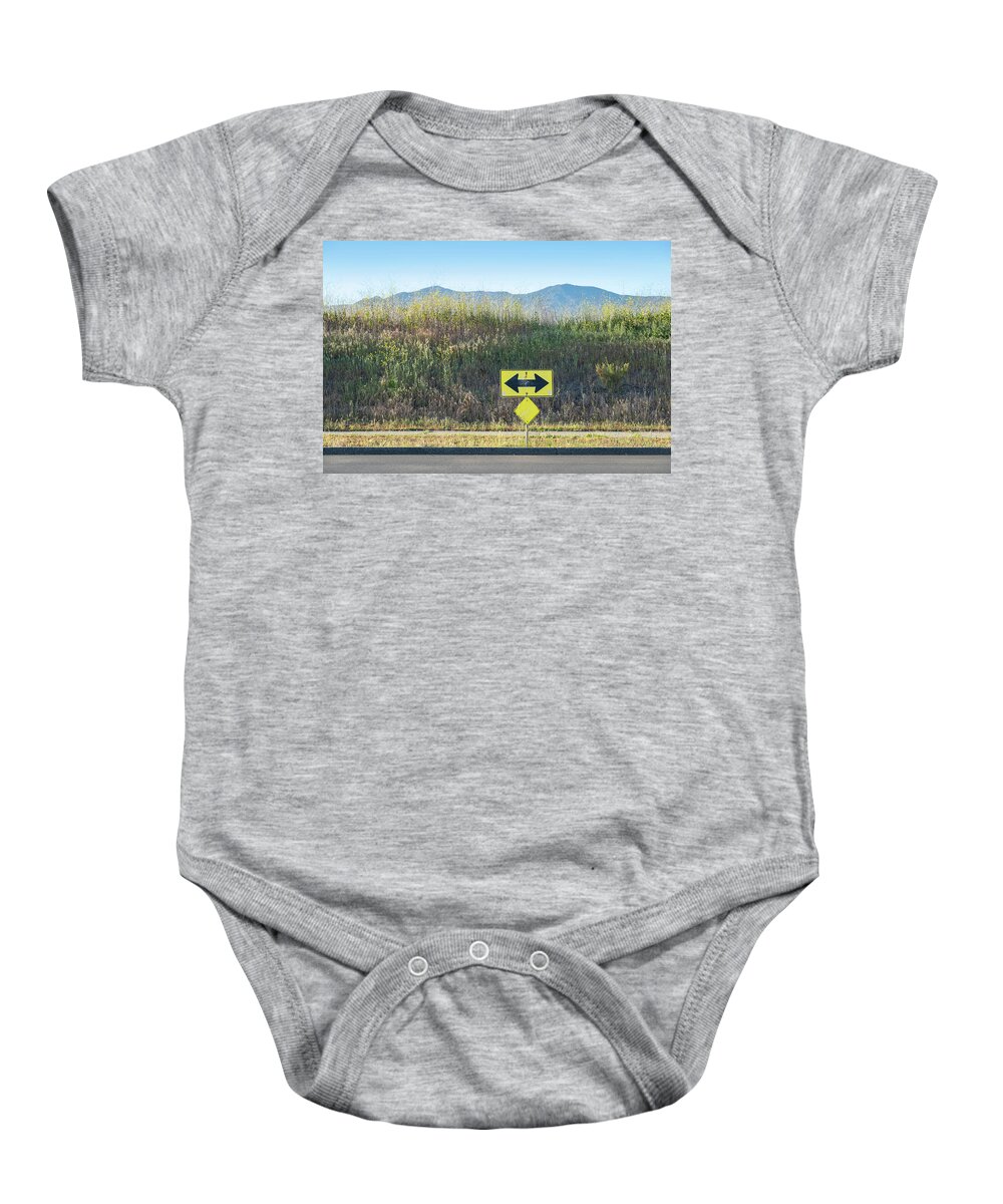 Colorful Simple Road Sign Arrow Two-way Street Santa Barbara Ca California Landscape Golden Hour Weeds Plants Mountain Sky Baby Onesie featuring the photograph Either Way SS by Perry Hambright