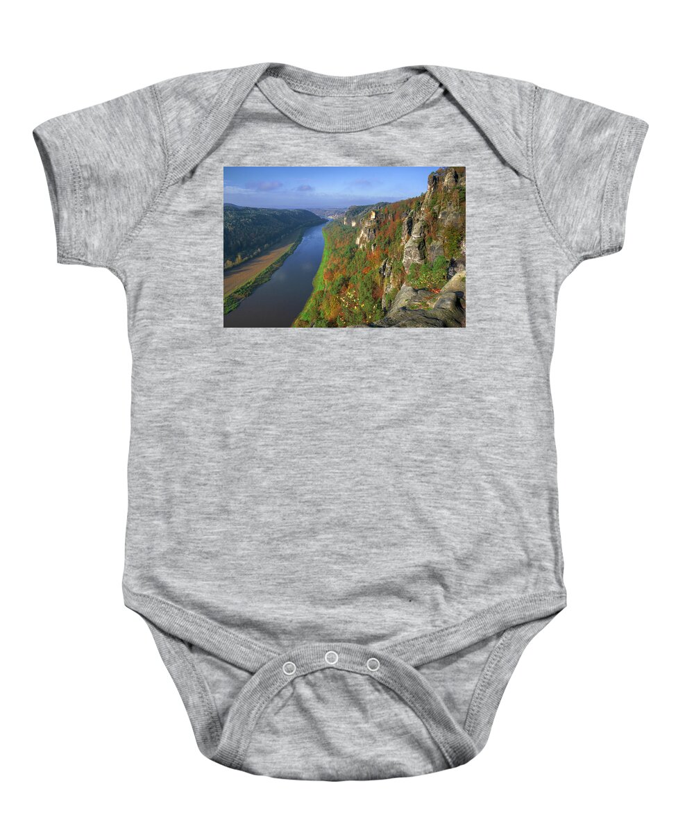 Saxon Switzerland Baby Onesie featuring the photograph Elbe Sandstone Mountains along the river Elbe by Sun Travels