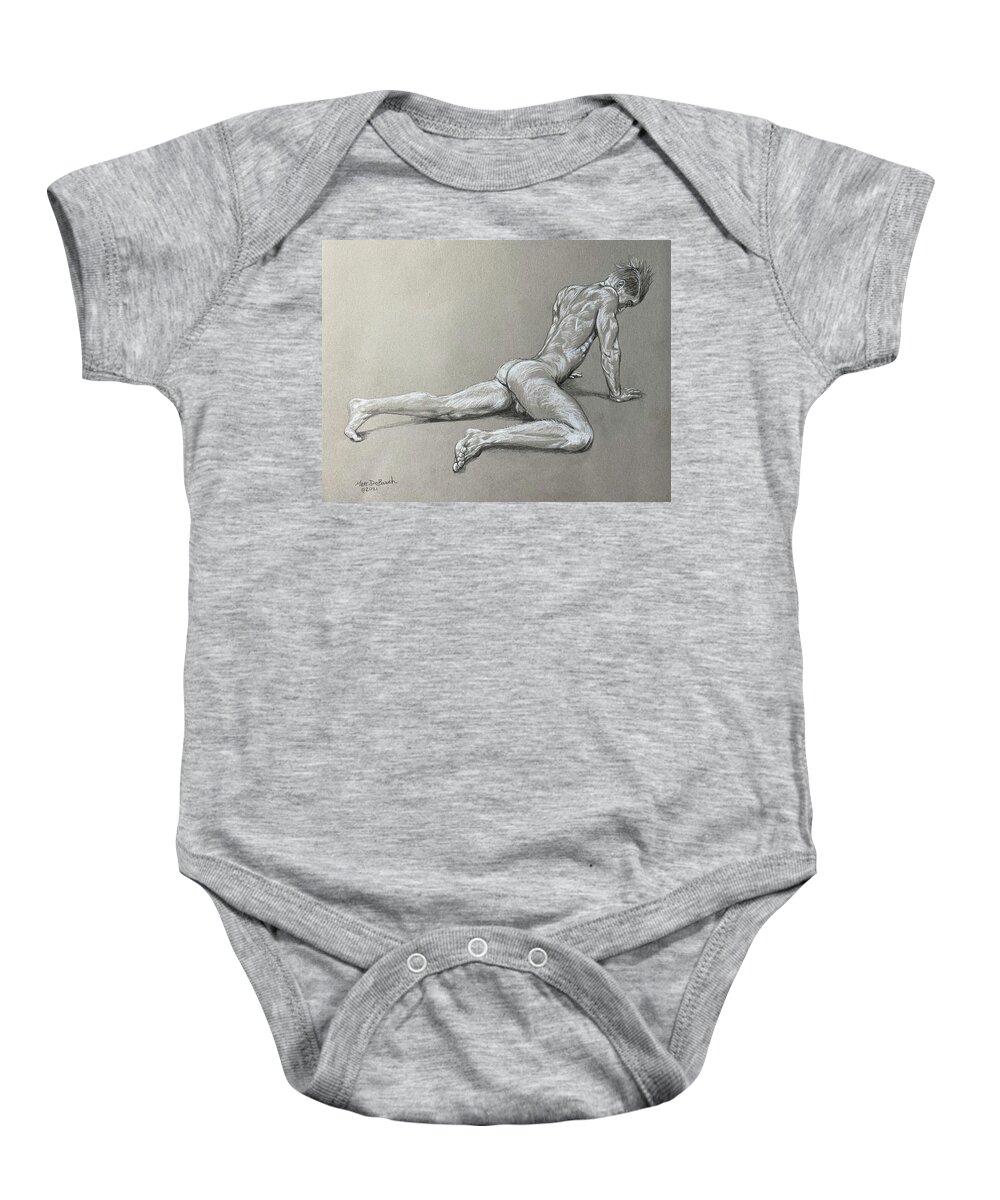 Male Nude Baby Onesie featuring the drawing Ethan Stretching by Marc DeBauch