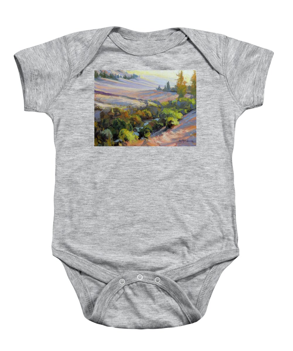 Landscape Baby Onesie featuring the painting Evening on the Patit by Steve Henderson