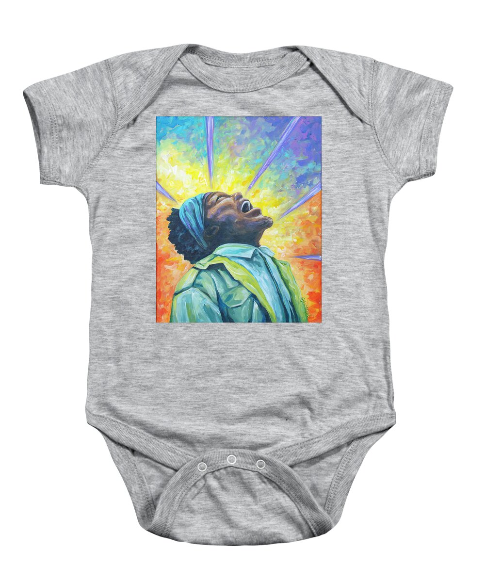 African American Baby Onesie featuring the painting Exclamation of the Soul by Sylvia Aldebol