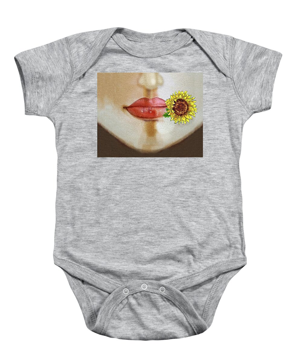 Face Mask Baby Onesie featuring the painting Face With Lips Nose And Sunflower Flower Watercolor by Irina Sztukowski