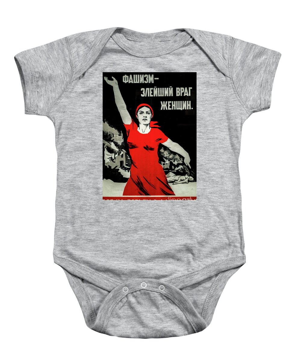 Fascism Baby Onesie featuring the drawing Fascism The Most Evil Enemy of Women Vintage Soviet World War II by M G Whittingham