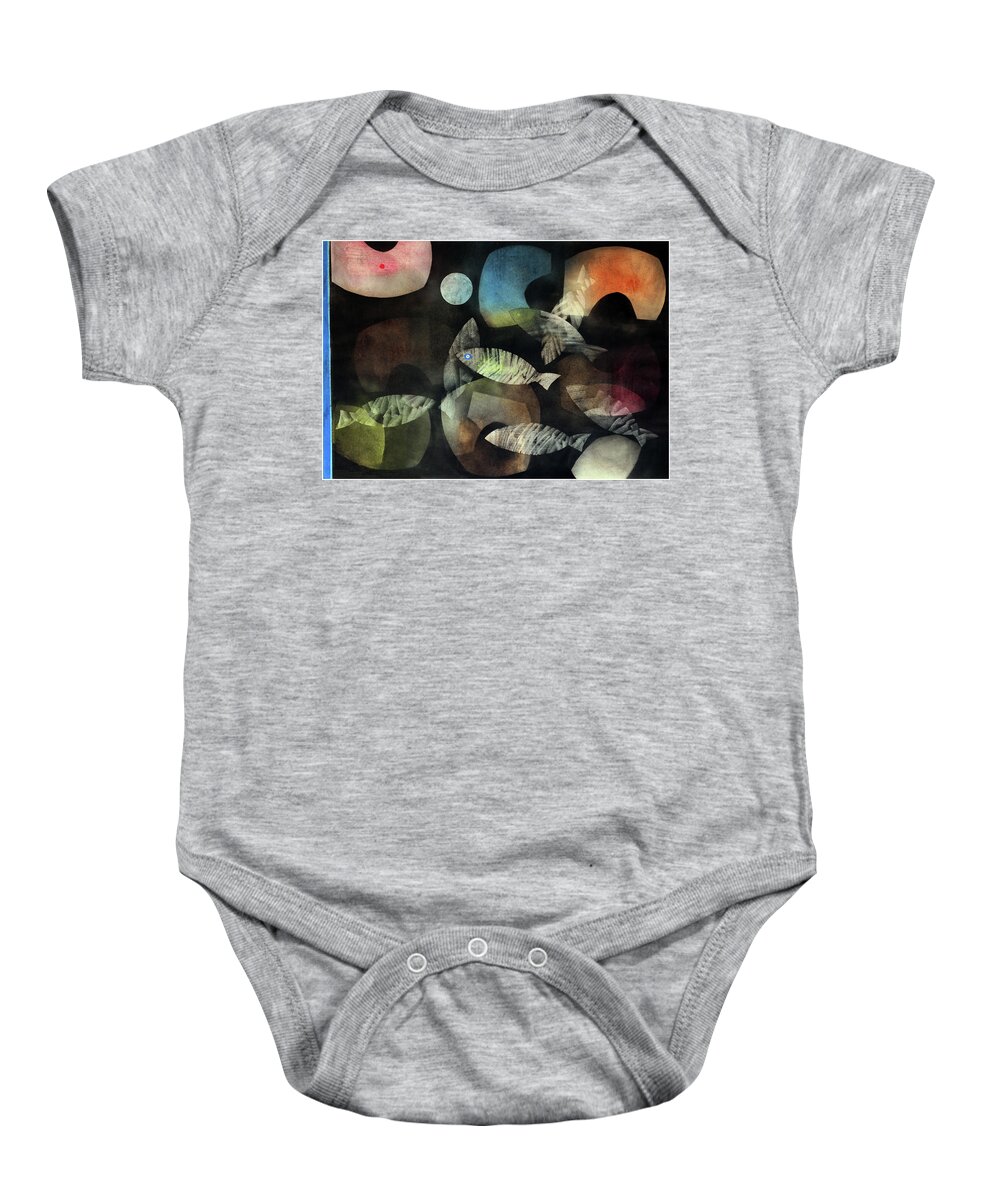 Abstract Baby Onesie featuring the painting Fish Moon by Winston Saoli 1950-1995