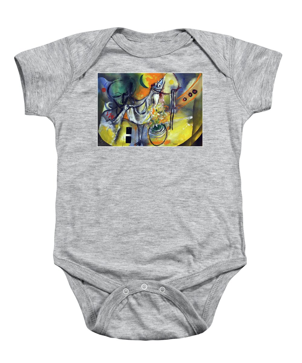 African Art Baby Onesie featuring the painting Fishbirdman I am by Winston Saoli 1950-1995