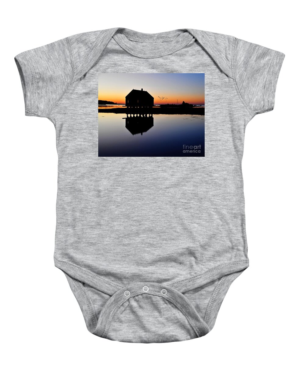 Cape Porpoise Baby Onesie featuring the photograph Fishing Shack Fly-by by Steve Brown