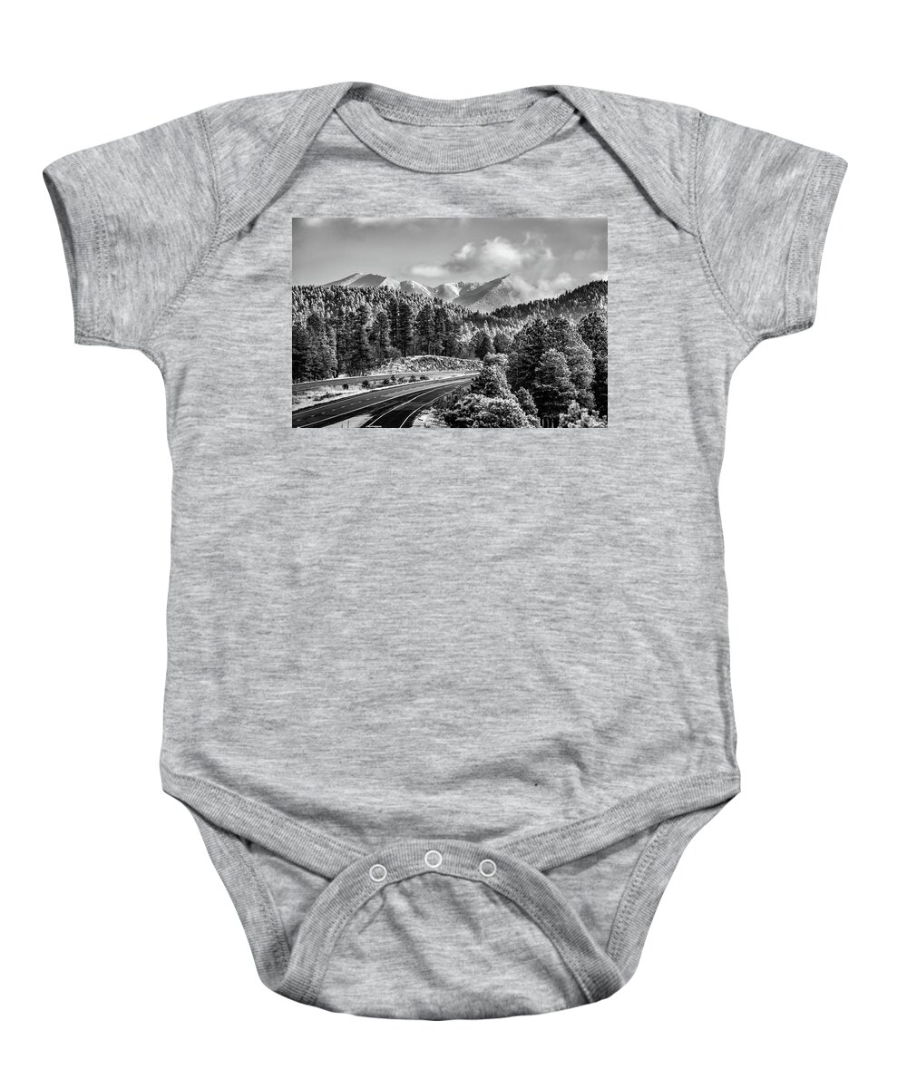 Flagstaff Arizona Baby Onesie featuring the photograph Flagstaff Arizona Frosty Mountain Landscape - Black and White by Gregory Ballos