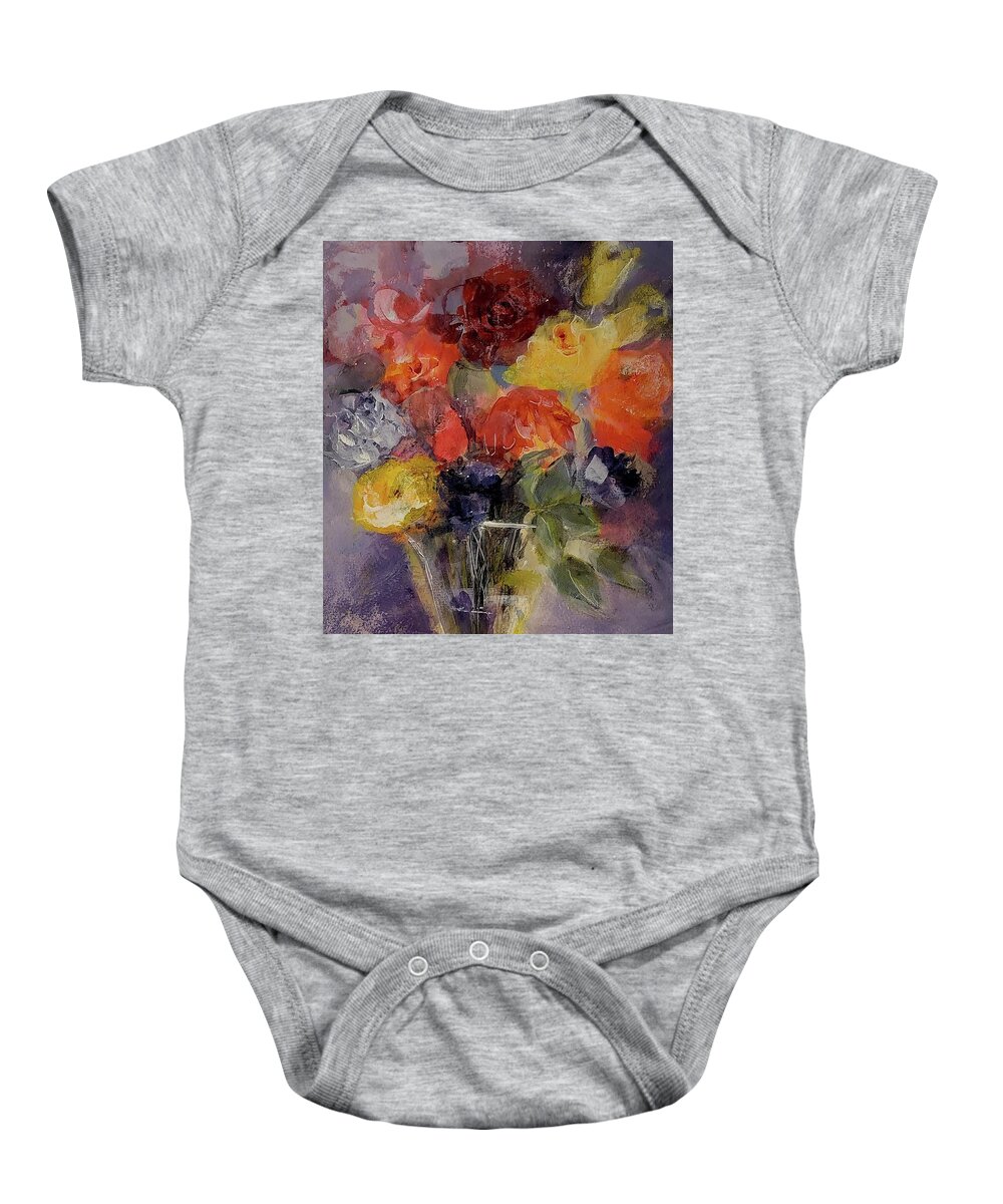 Smokey Baby Onesie featuring the painting Floral Of Red and Yellow on Smokey Plum by Lisa Kaiser