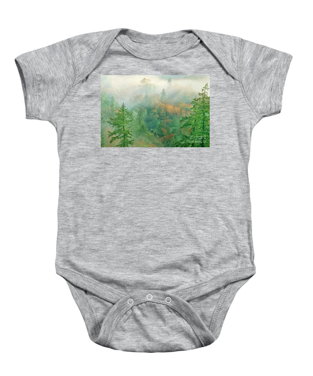 Dave Welling Baby Onesie featuring the photograph foggy morning in Humbolt County California by Dave Welling
