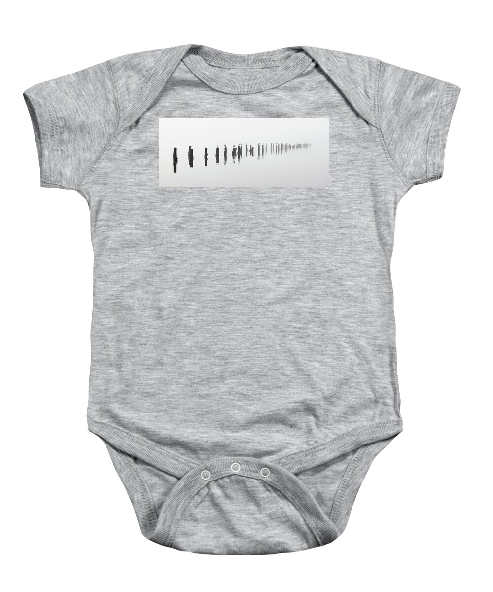 Black And White Baby Onesie featuring the photograph Foggy Old Pier In Black And White Florida by Jordan Hill