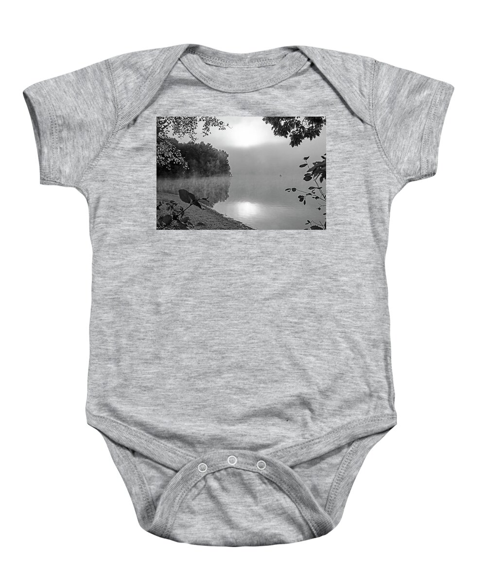Concord Baby Onesie featuring the photograph Foggy Sunrise on Walden Pond Concord Massachusetts Black and White by Toby McGuire