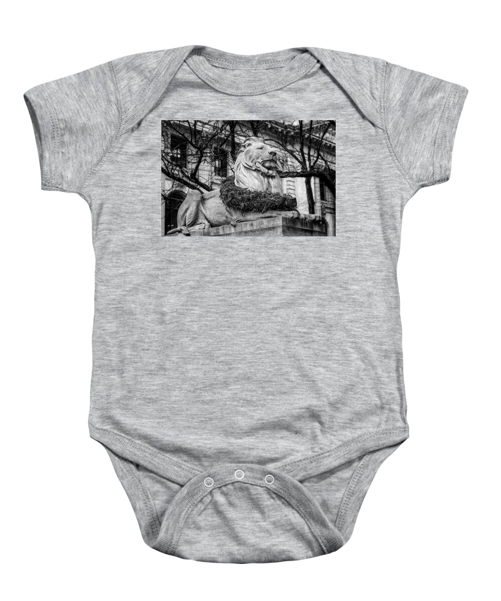 Nypl Baby Onesie featuring the photograph Fortitude Lion NYPL BW by Susan Candelario