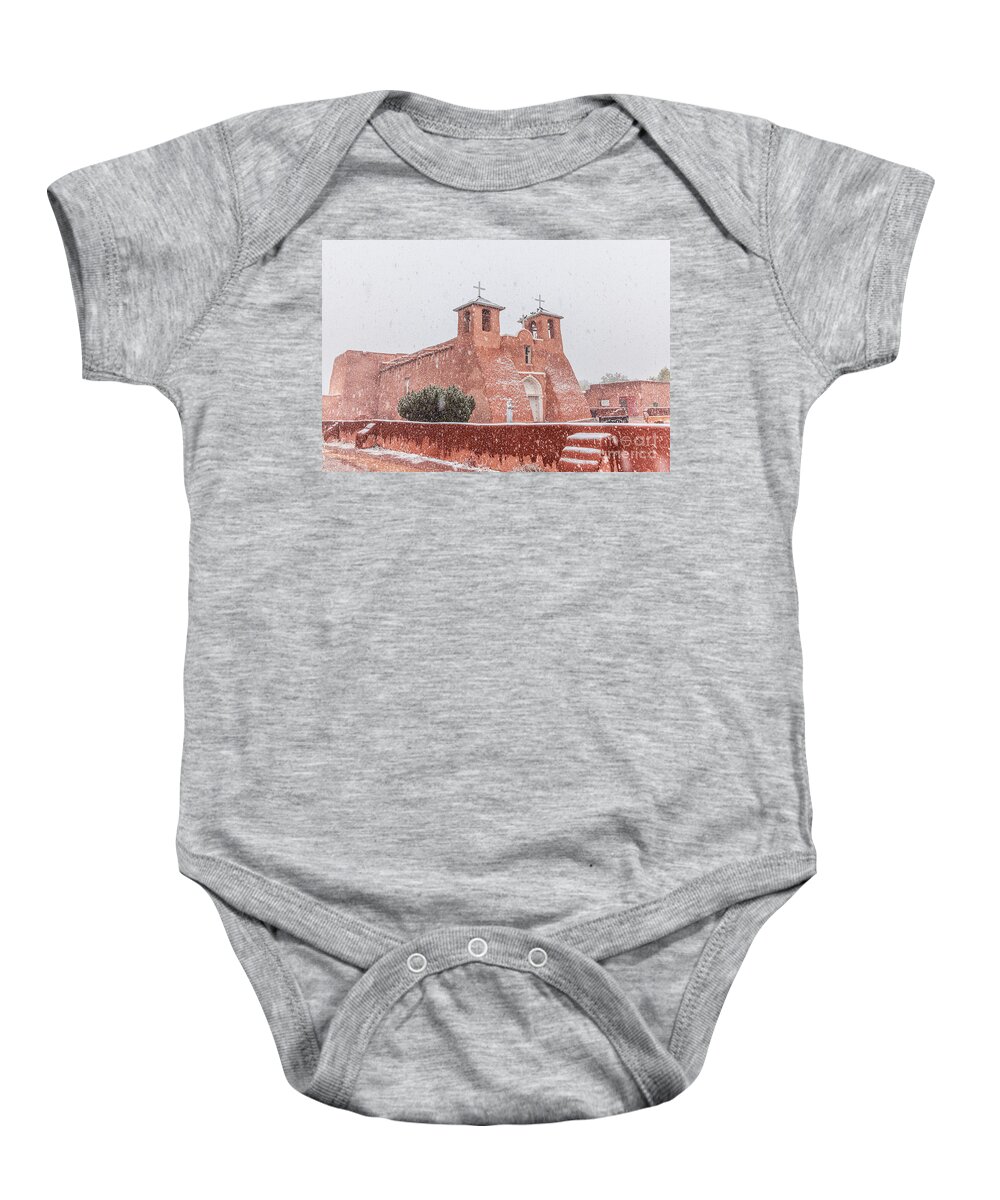 Taos Baby Onesie featuring the photograph Fresh Snow on the St Francis de Asis by Elijah Rael