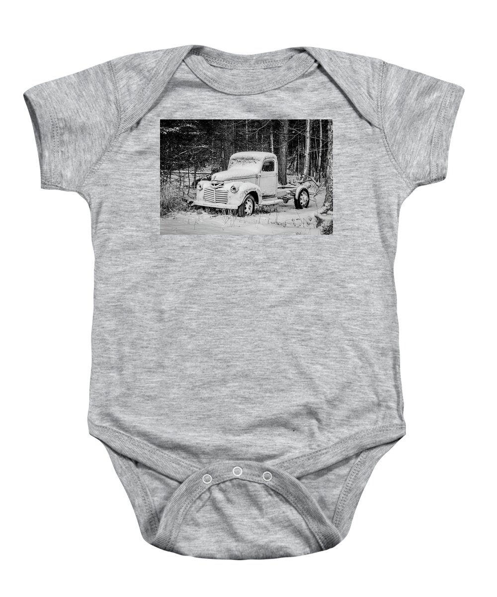 #fine Art Photograph #black And White Photograph #abandoned #wisconsin #old #antique #woods #forest #trees #shadows #history #old Parts #ford Truck #ford Automobile #walk In The Woods #afternoon Walk #afternoon Light #highlights #wall Decor #wall Art Baby Onesie featuring the photograph Frosted truck by David Heilman