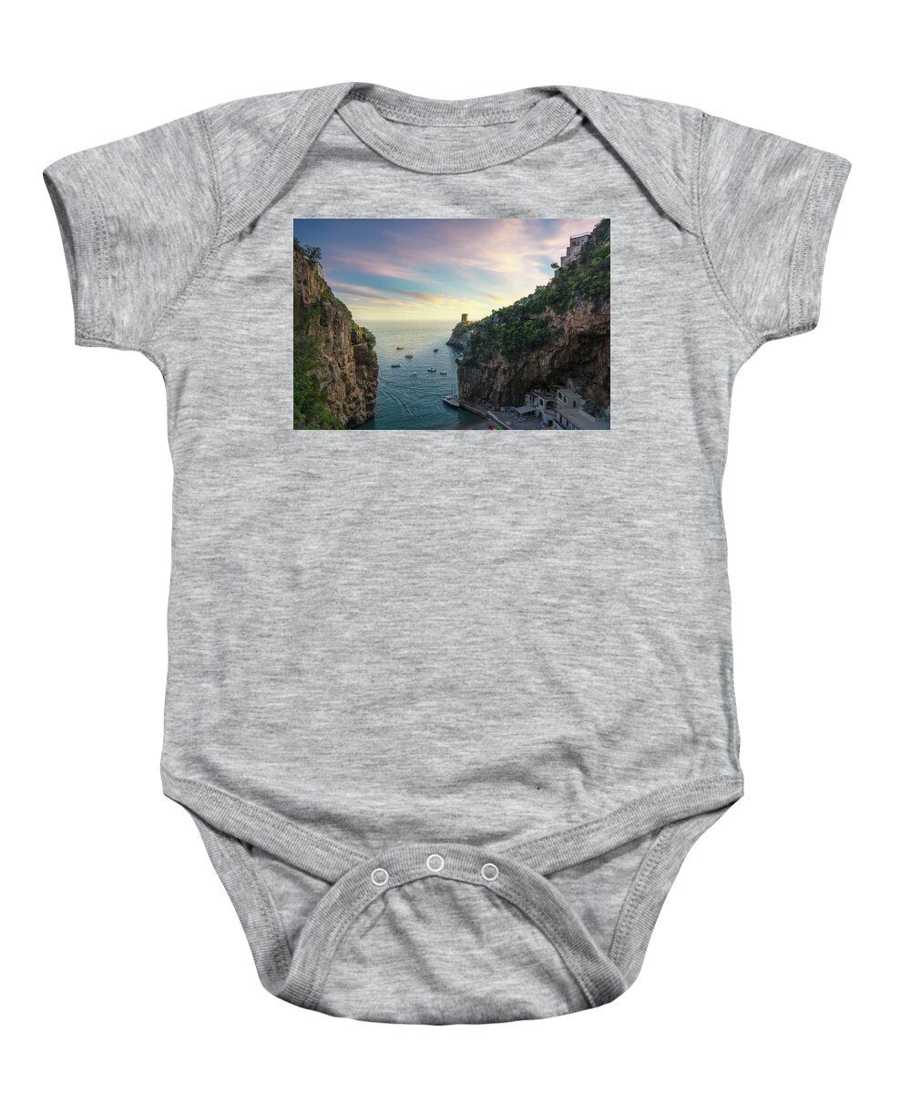 Furore Baby Onesie featuring the photograph Furore beach bay in Amalfi coast by Stefano Orazzini