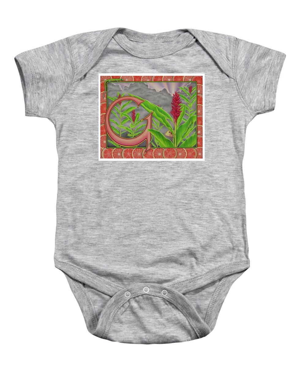 Kim Mcclinton Baby Onesie featuring the drawing G is for Gecko by Kim McClinton