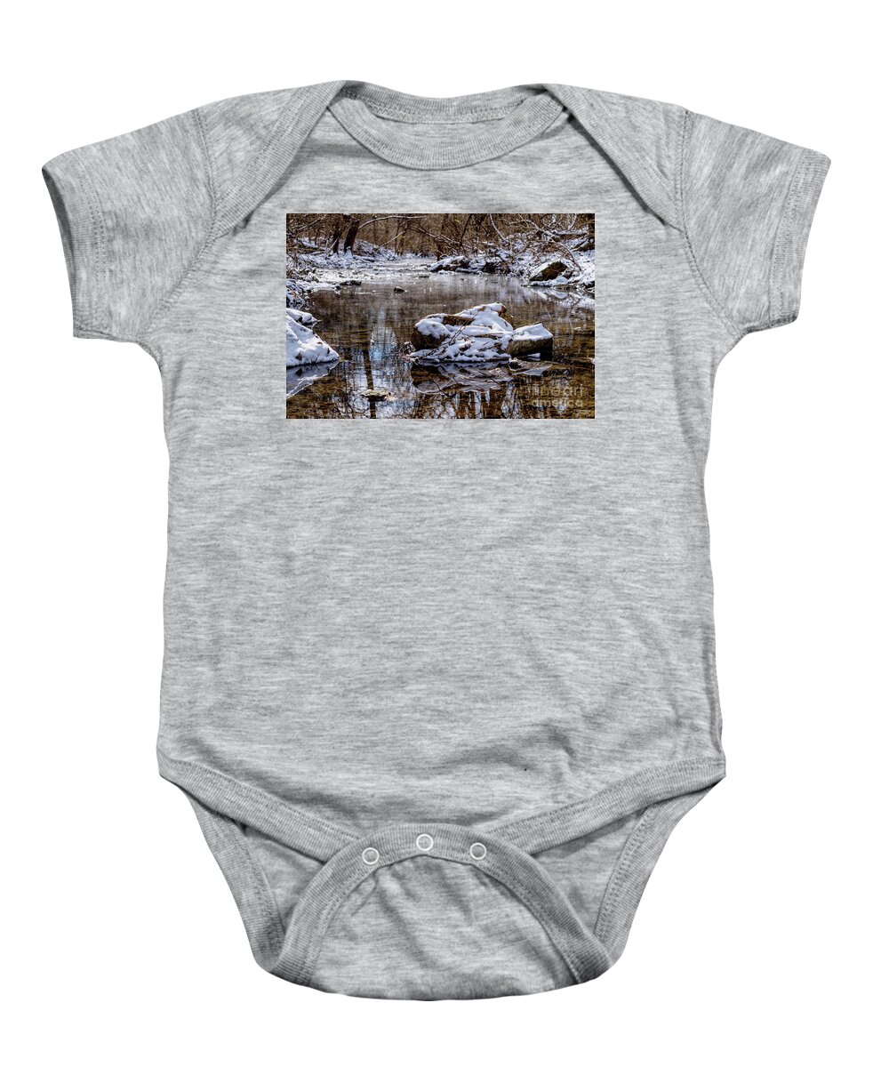 Springfield Mo Baby Onesie featuring the photograph Galloway Snow Covered Rock by Jennifer White