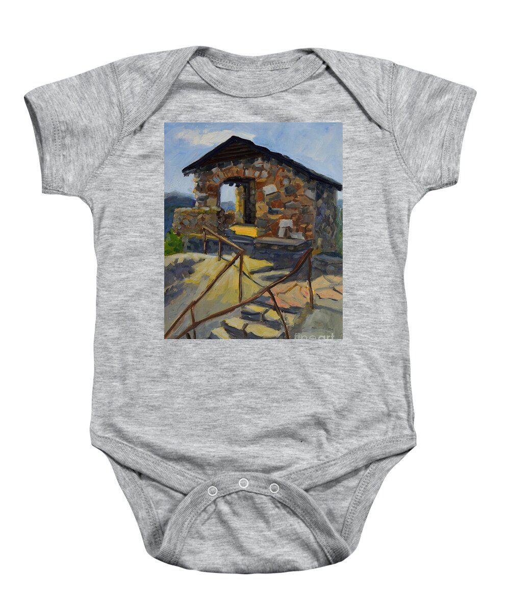 Yosemite Baby Onesie featuring the painting Geology Hut at Glacier Point by Mary Beth Harrison