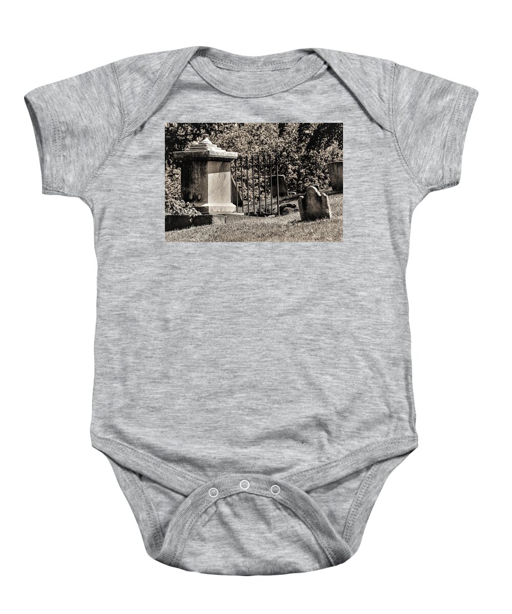 Grave Yard Metal Trees Tomb Stones B&w Baby Onesie featuring the photograph Grave Yard by John Linnemeyer