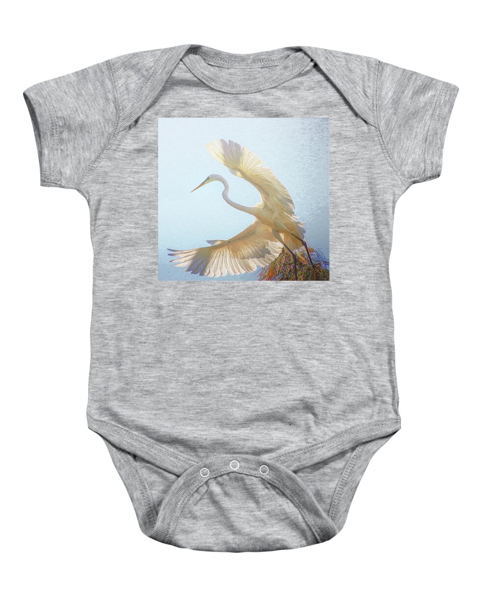 Egret Baby Onesie featuring the photograph Great White Egret Takes to Flight by Ola Allen
