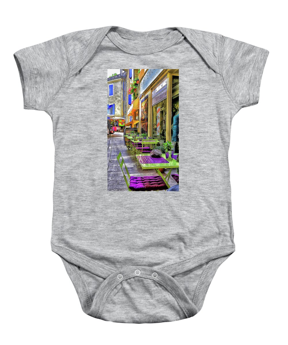 Cafe Baby Onesie featuring the photograph Green and Purple Sidewalk Cafe #2 by Steve Templeton