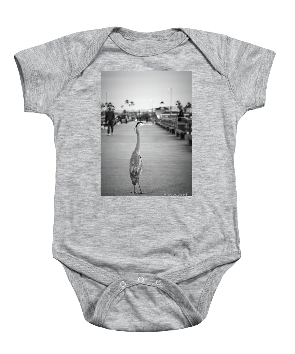 2010 Baby Onesie featuring the photograph Grey Heron Newport Pier Black and White Photo by Paul Velgos