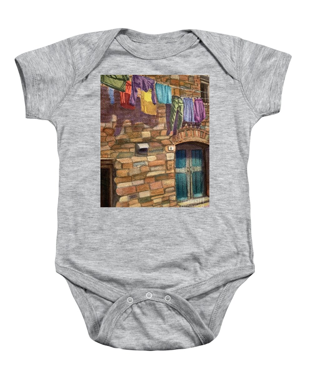Clothesline Baby Onesie featuring the painting Hanging Out to Dry by Sue Carmony