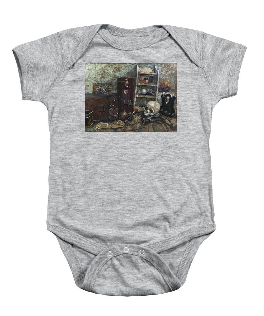 Still Life Baby Onesie featuring the painting Haunted Cypher by William Stoneham