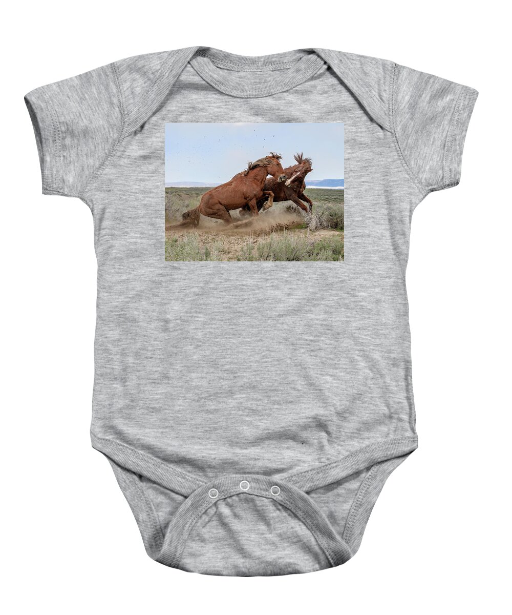 Wild Mustangs Baby Onesie featuring the photograph Heavy Weights #1 by Mindy Musick King
