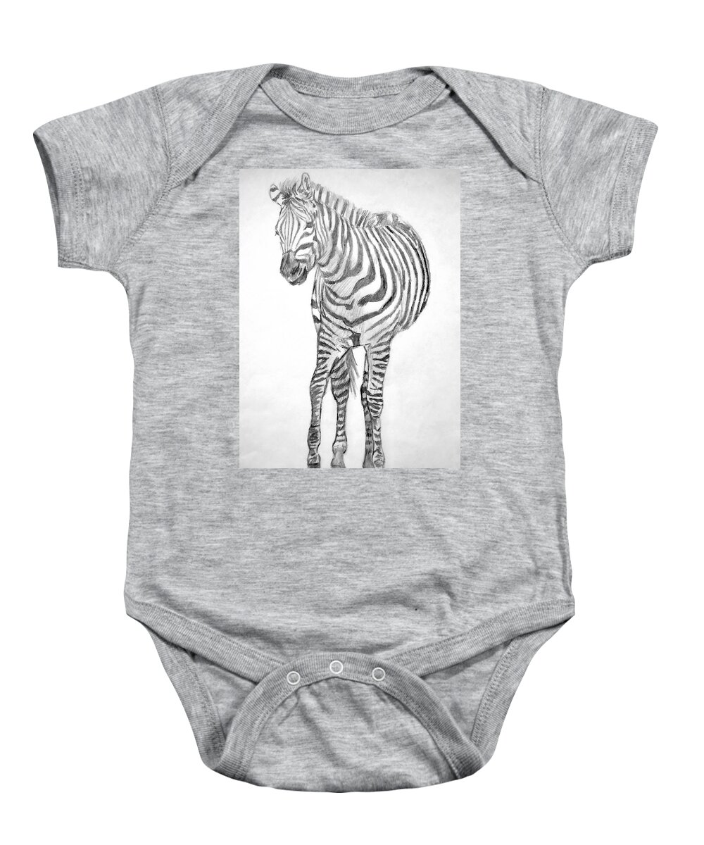 Wildlife Baby Onesie featuring the drawing Hesitant Zebra by Vallee Johnson