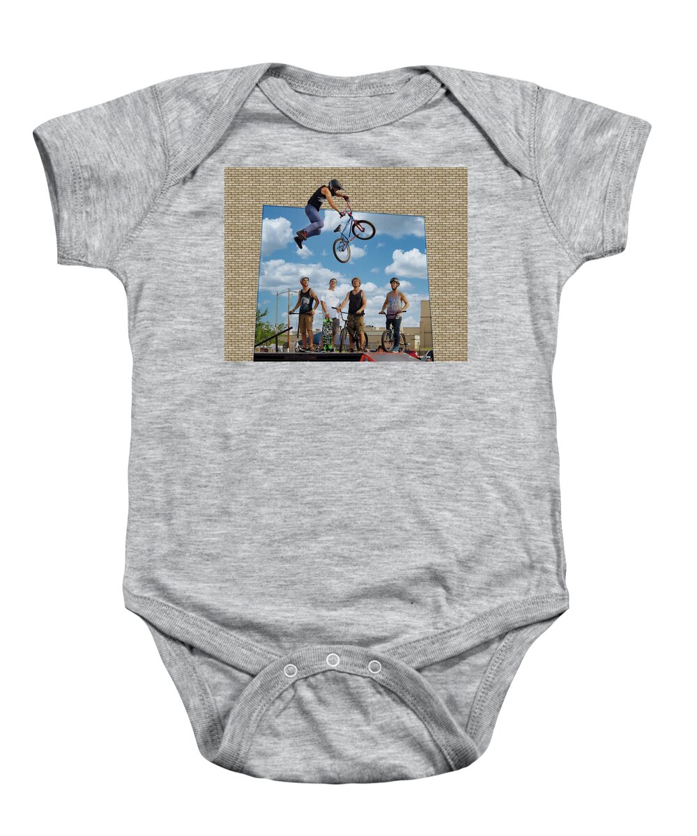 Bikes Baby Onesie featuring the photograph High Flying Out Of Frame by Scott Olsen