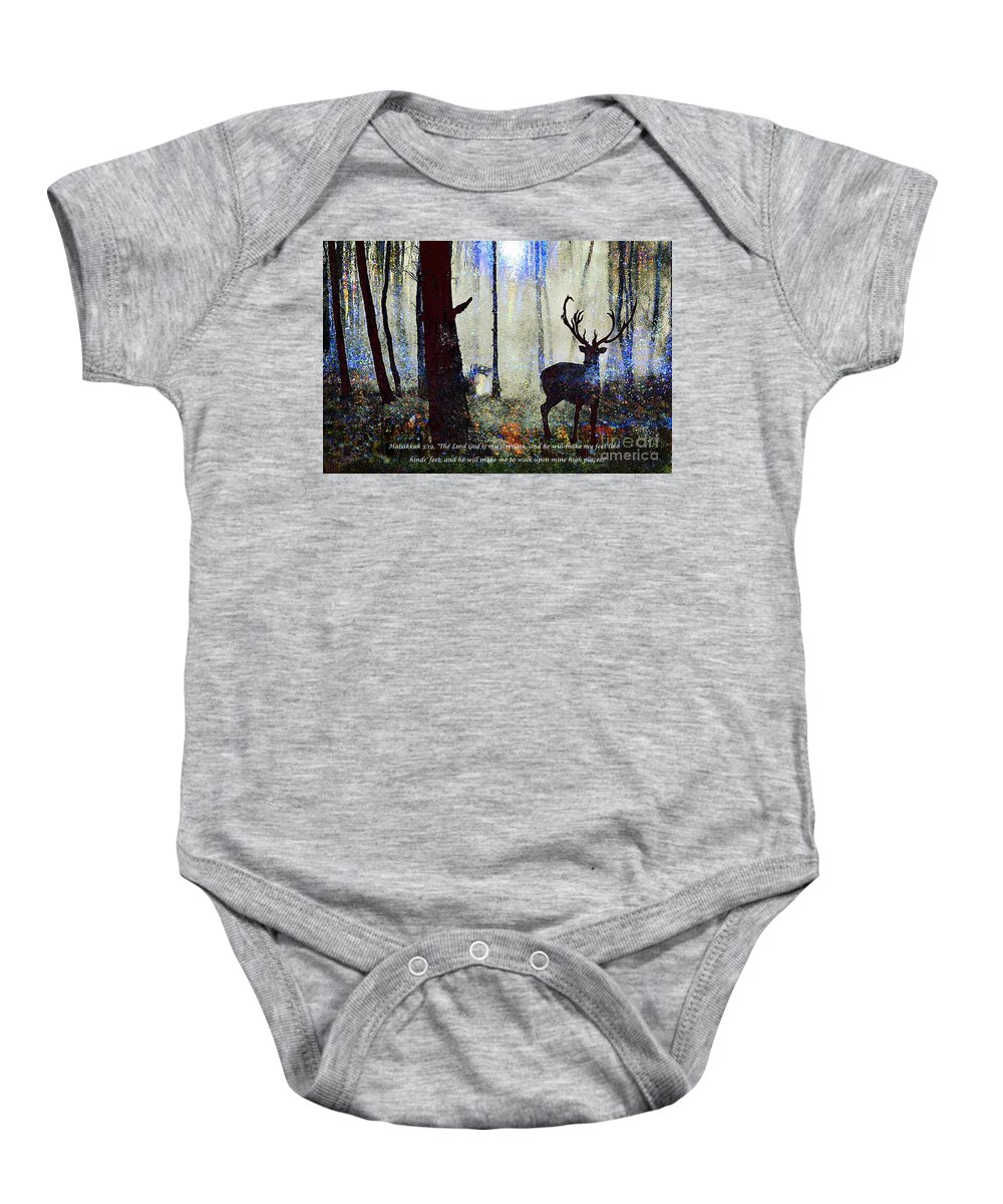 Hinds Feet In High Places Baby Onesie featuring the painting Hinds Feet in High Places by Bonnie Marie