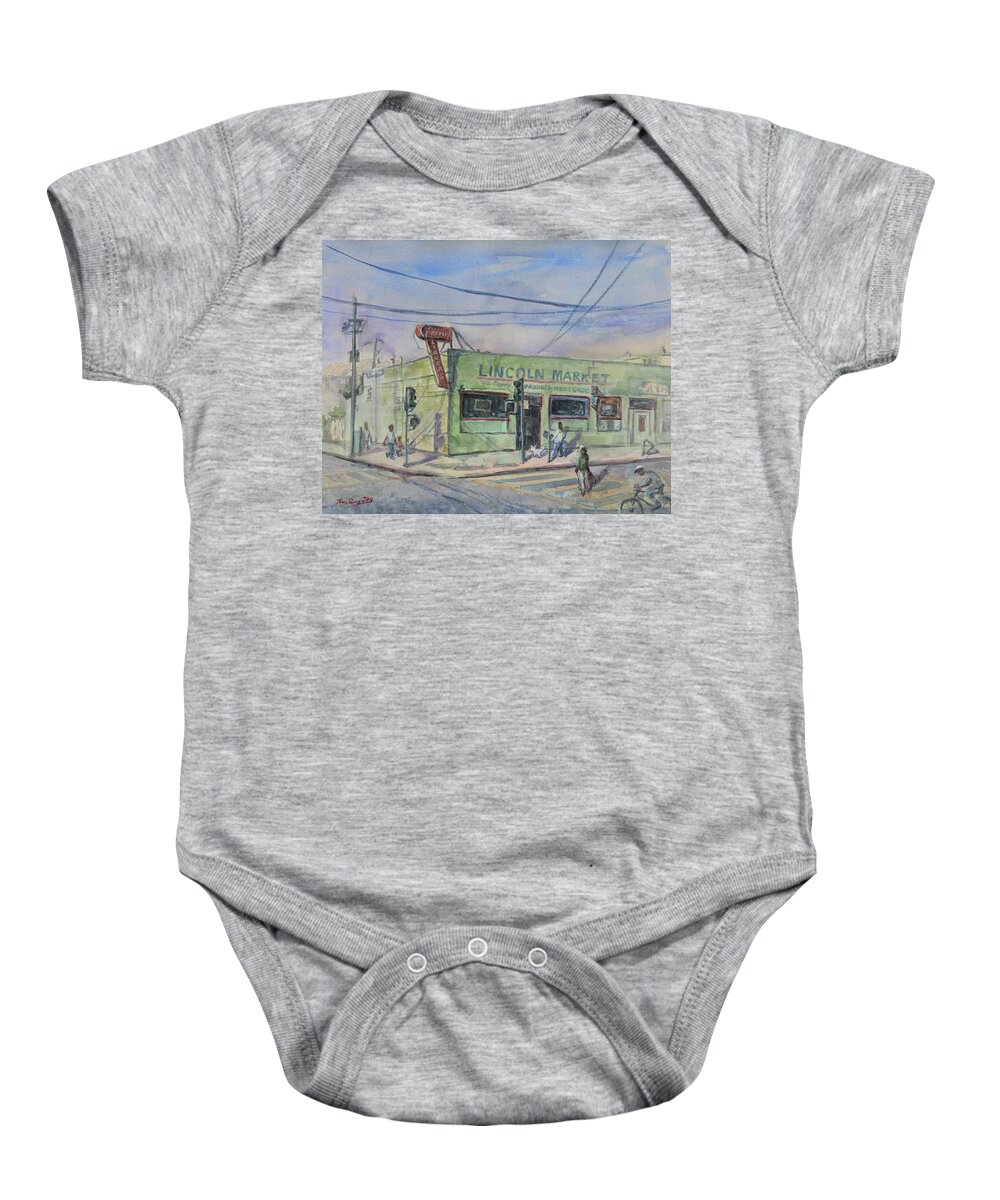 Historic Baby Onesie featuring the painting Historic Lincoln Market Alameda by Xueling Zou