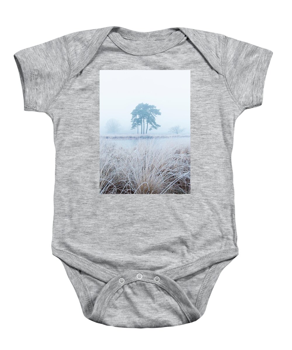  Baby Onesie featuring the photograph Hoarfrost pine tree in the fog by Patrick Van Os
