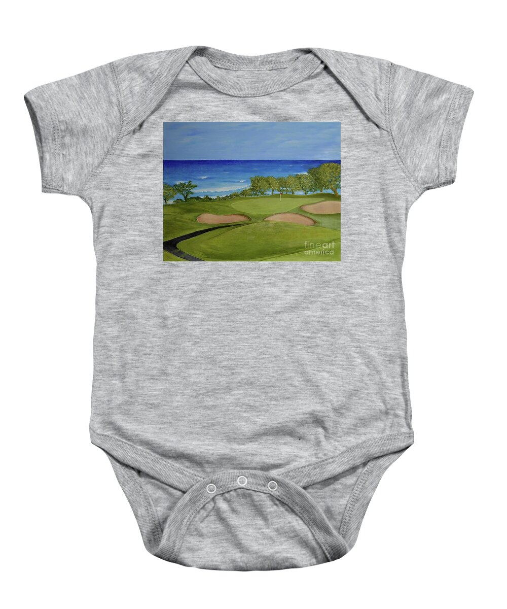 Golf Baby Onesie featuring the painting Hole 17 - Wailua Golf Course on Kauai by Mary Deal