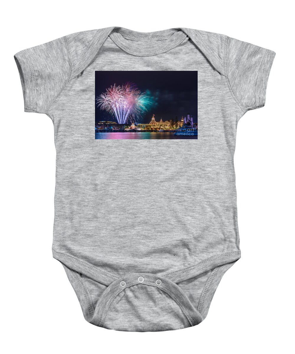 Festival Baby Onesie featuring the photograph Holiday fireworks show at the historic Hotel del Coronado by Sam Antonio