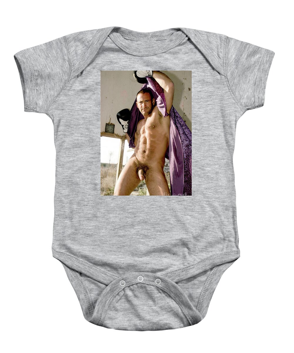 Homoerotic Art Baby Onesie featuring the photograph Hot naked masculine boxer struts his stuff by Gunther Allen
