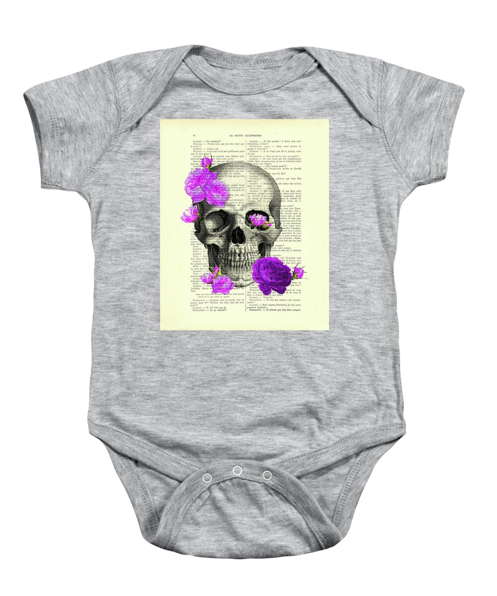 Skull Baby Onesie featuring the digital art Human Skull And Purple Roses by Madame Memento
