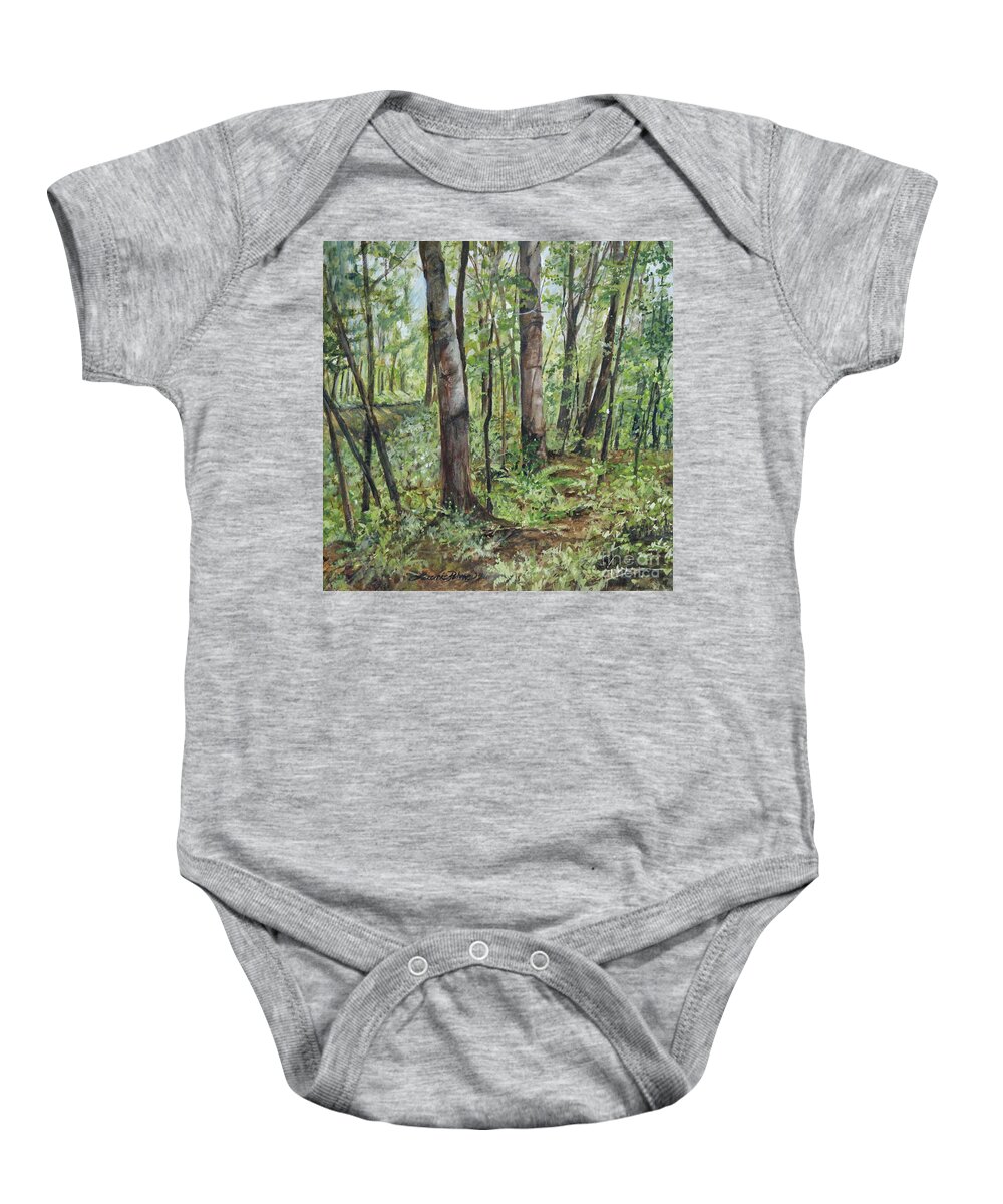 Landscape Baby Onesie featuring the painting In the Shaded Forest by Laurie Rohner