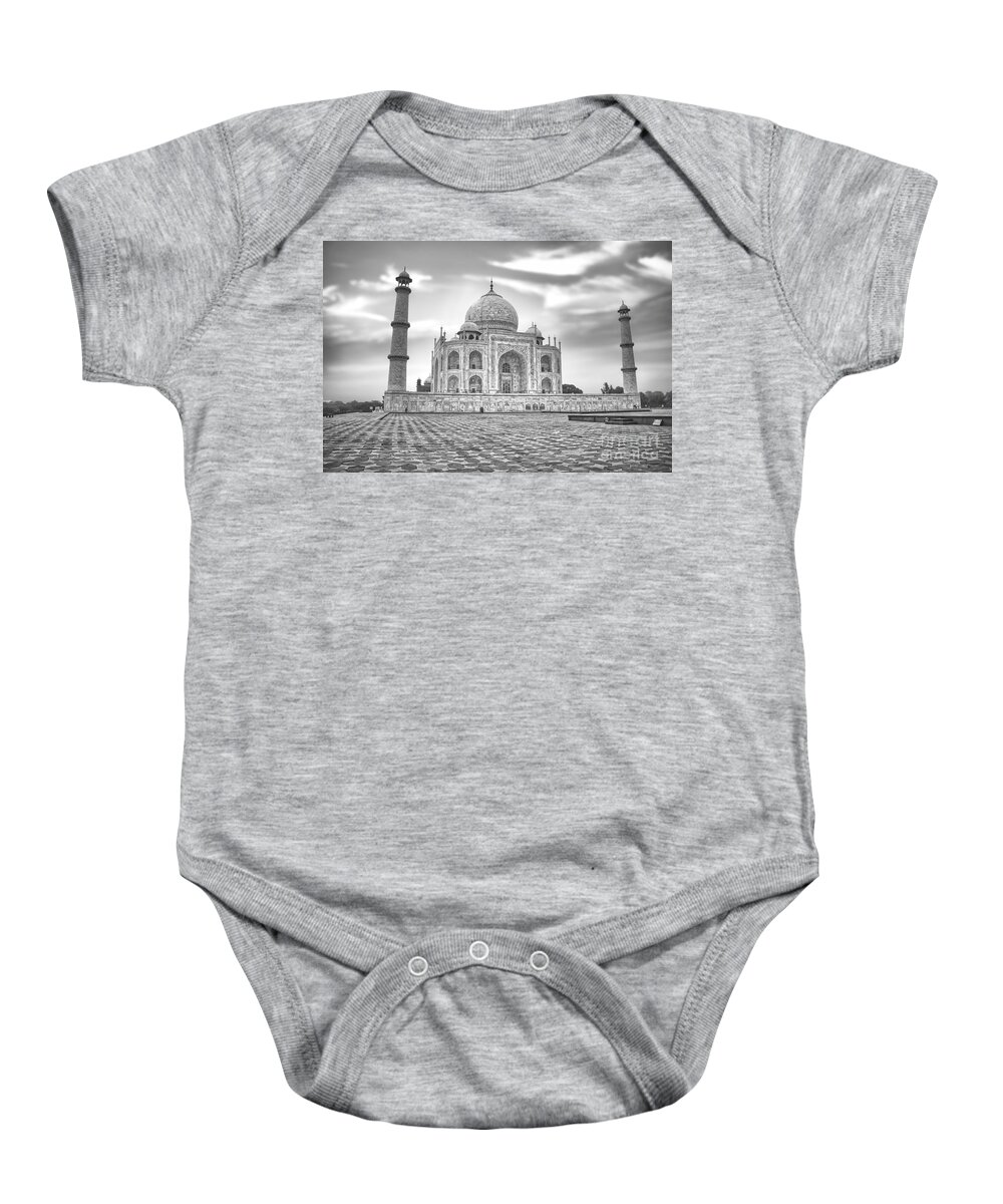 Taj Mahal Palace Baby Onesie featuring the photograph India - Taj Mahal - Agra Uttar Pradesh BW by Stefano Senise