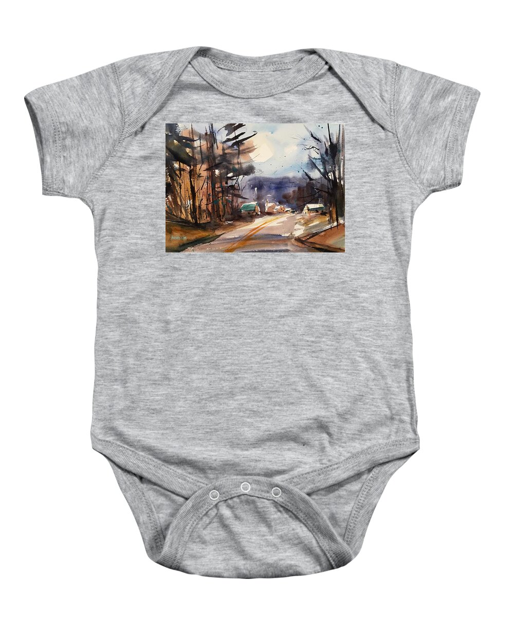 Landscape Baby Onesie featuring the painting Into the Village by Judith Levins