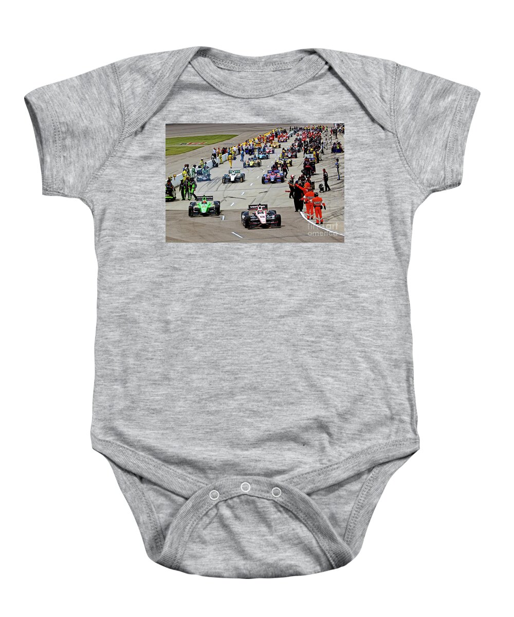 Indycar Baby Onesie featuring the photograph Cars leave the pits, Iowa Corn 250 Iowa Speedway 2013 by Pete Klinger