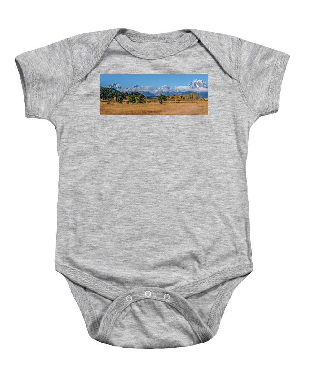 Autumn Baby Onesie featuring the photograph Jackson Lake Dam In Autumn by Yeates Photography
